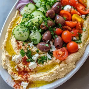 A platter of creamy hummus beautifully garnished with fresh cucumber slices, cherry tomato halves, Kalamata olives, crumbled feta cheese, and chopped parsley, drizzled with olive oil and sprinkled with paprika.