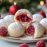 Close-up of Raspberry Almond Snowball Cookies, showcasing their powdered sugar coating and vibrant raspberry jam filling, with festive decorations in the background.