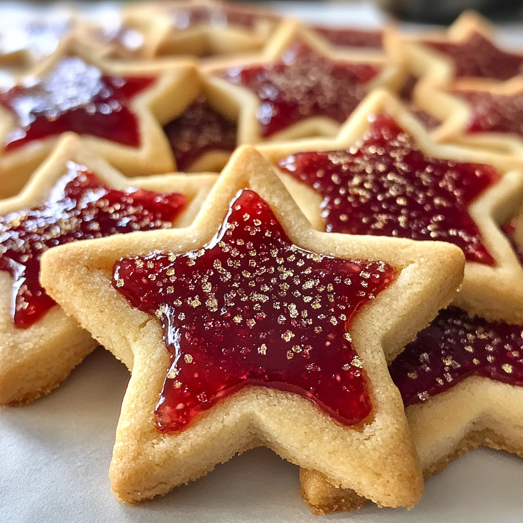 Star-shaped Sugar Plum Shortbread Cookies with golden-brown shortbread bases, vibrant plum preserves in the center, and a dusting of sparkling edible glitter, perfect for festive occasions.