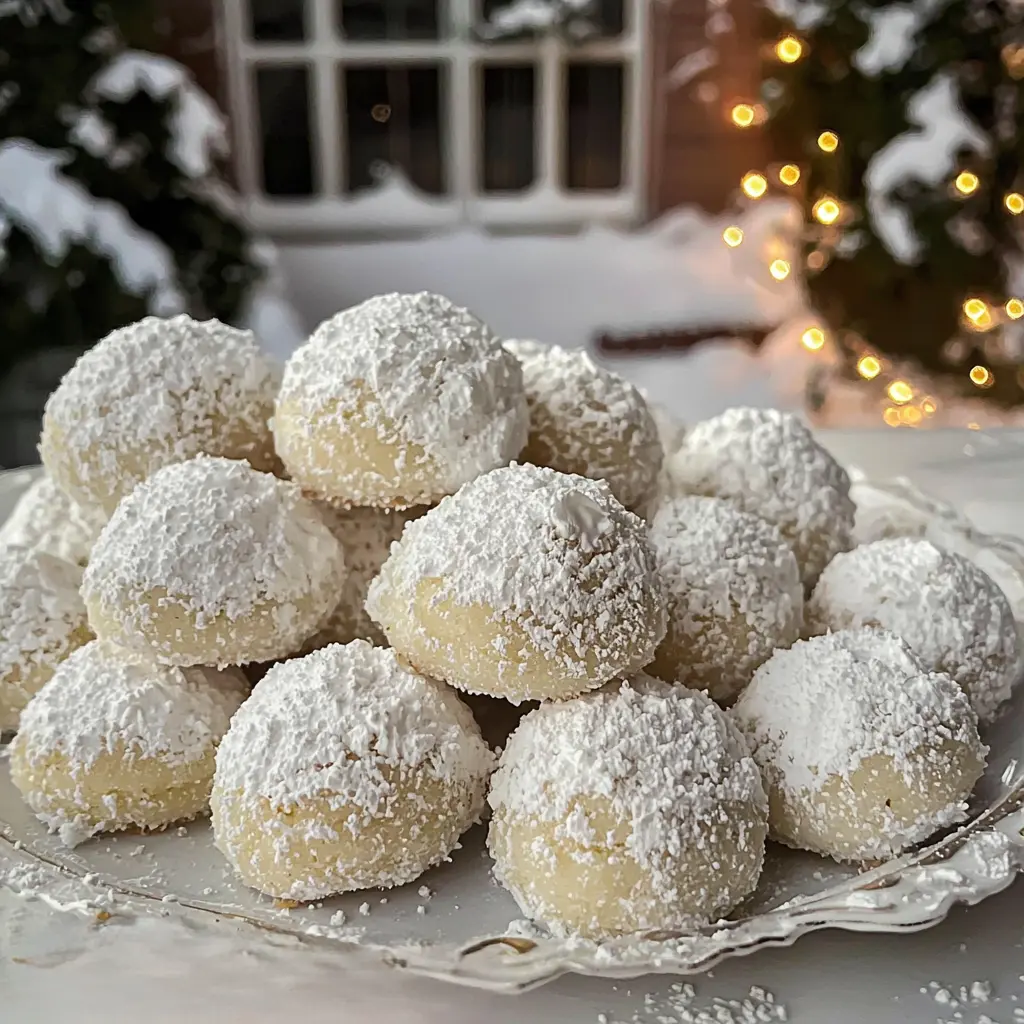 Snowball cookies on a plate, coated in powdered sugar, with a snowy outdoor backdrop and warm holiday lights in the background.