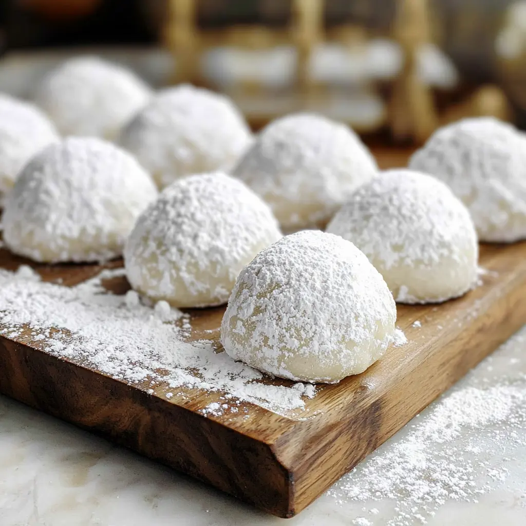 Close-up of snowball cookies on a wooden tray, covered in powdered sugar, with a soft blurred background for a festive ambiance.