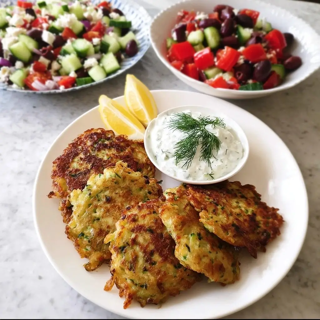 Greek Zucchini Fritters with Tzatziki and Salad