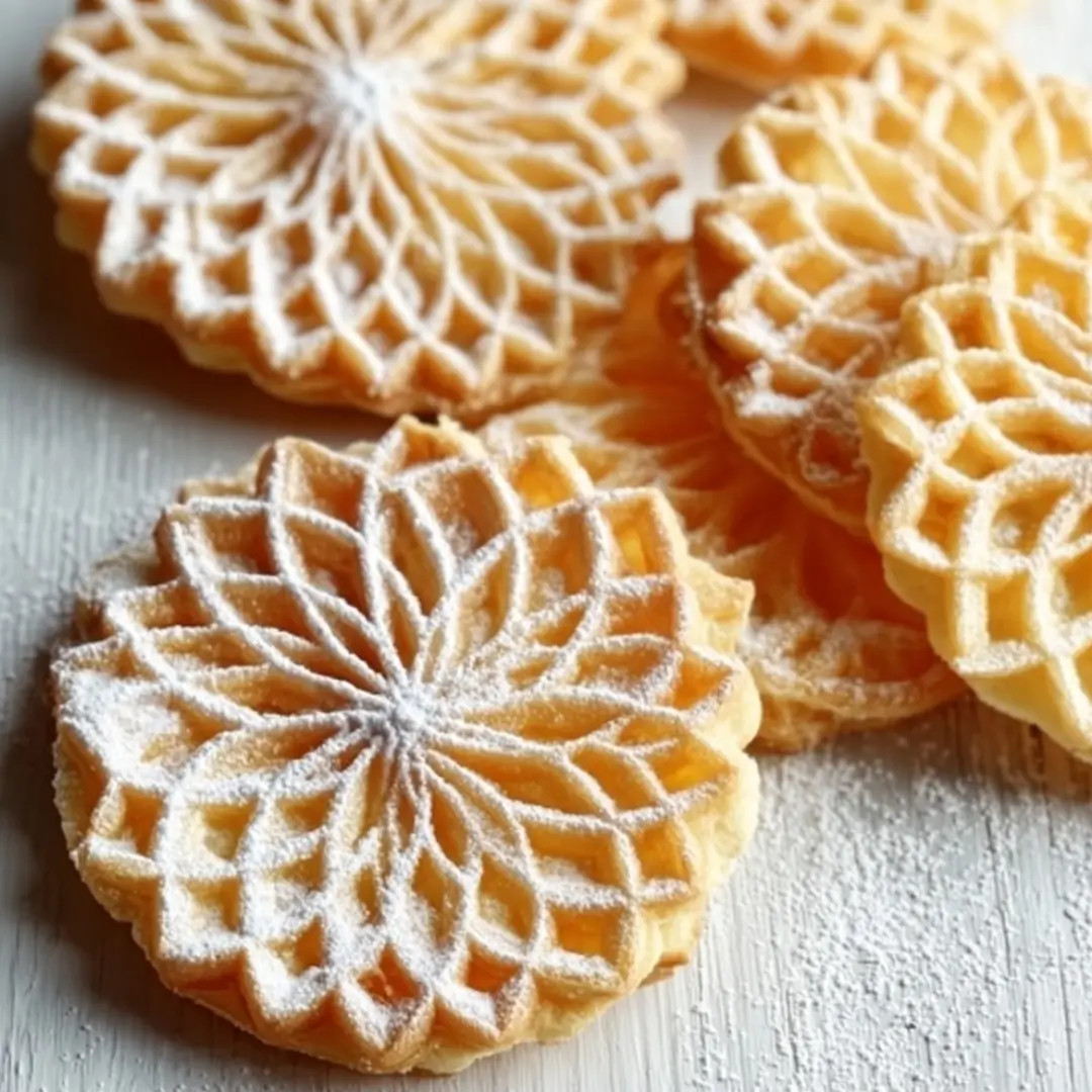 A stack of golden, lace-patterned pizzelle dusted with powdered sugar, showing the delicate texture and warm tones of this Classic Pizzelle Recipe.